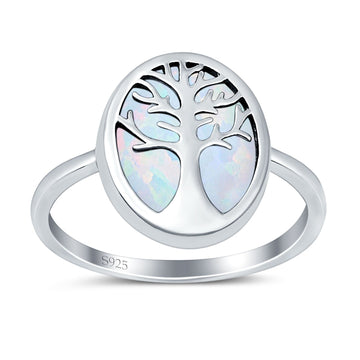 Oval Tree of Life Ring Lab Created White Opal Rhodium Plated 925 Sterling Silver